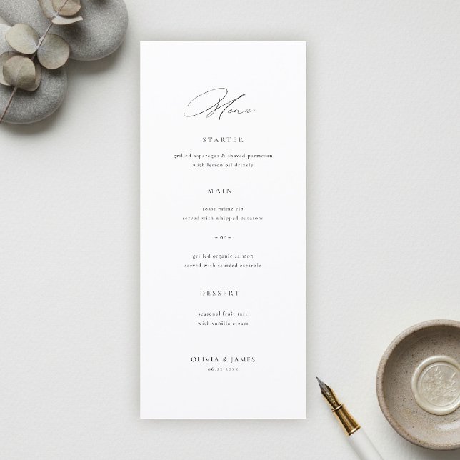 Modern Minimalist Typography Calligraphy Wedding Menükarte (modern minimalist wedding bridal menu typography calligrahy black white city contemporary simple)
