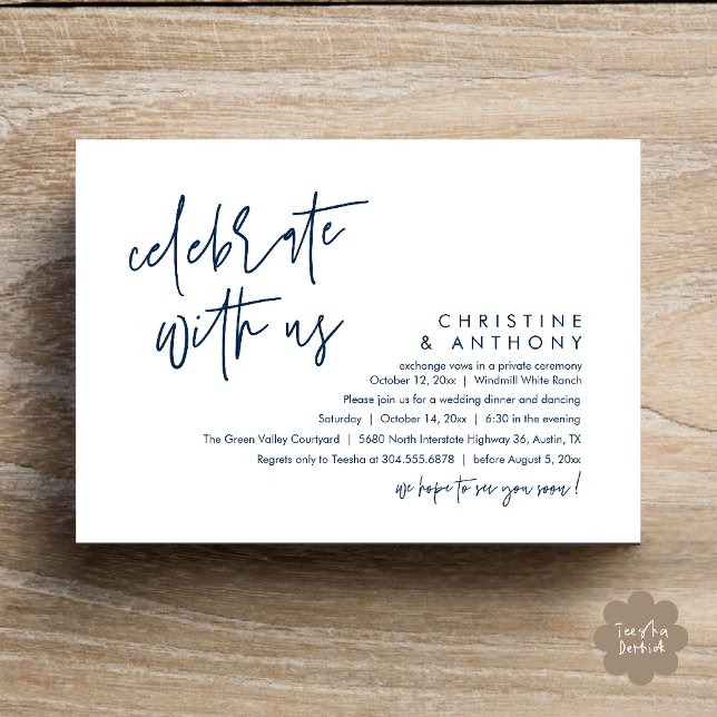 Modern Minimalist Wedding Reception Dinner Einladung (Modern Minimalist Wedding Reception Dinner Invitation Card, Celebrate with us, in Navy Blue)