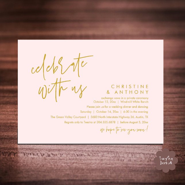 Modern Minimalist Wedding Reception Dinner Einladung (Modern Minimalist Wedding Reception Dinner Invitation Card, Celebrate with us, in Yellow Gold Blush)