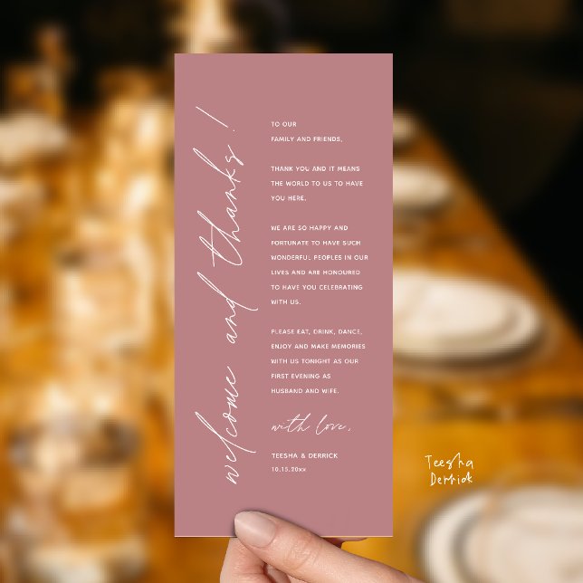 Modern Minimalist Wedding Reception Thank You Card Programm (Modern Minimalist Wedding Reception Dinner Thank You Card in dusty rose pink)