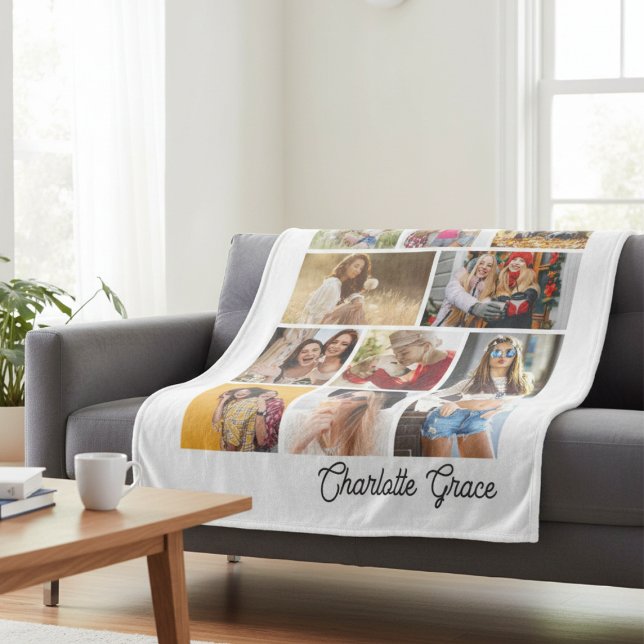 Modern Minimalist White 10 Photo Collage With Name Fleecedecke (Von Creator hochgeladen)