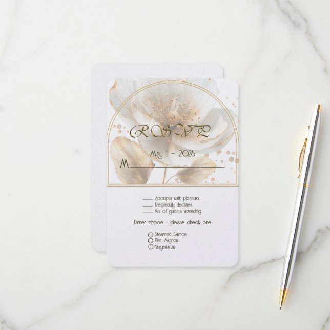 Modern Minimalist White and Gold Wedding RSVP Karte (Vorderseite/Rückseite Beispiel)