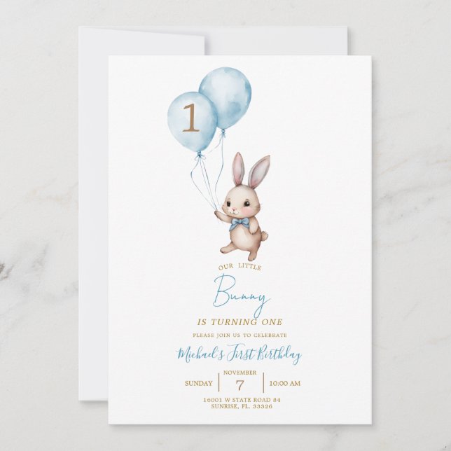 Modern Minimalistisch Blue Bunny Osterfeier Geburt Einladung (Vorderseite)