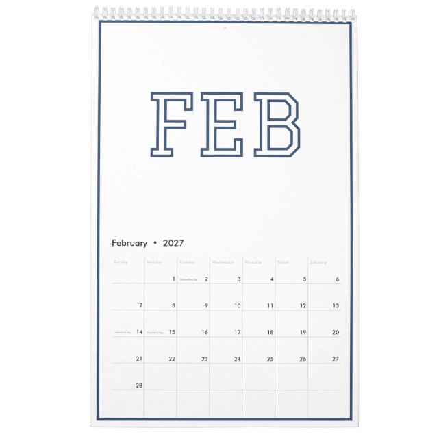 Modern minimalistisch schickes Navy Blau Kalender (Feb 2027)