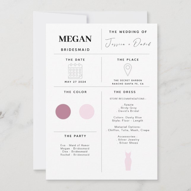 Modern Minimalistische Bridesmaid Info Card Einladung (Vorderseite)