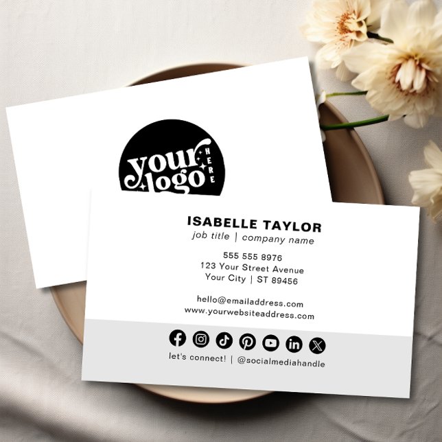 Modern Minimalistische Logo Custom Social Media Ic Visitenkarte (Modern Minimalist Logo Custom Social Media Icons Business Card -Front and Back)