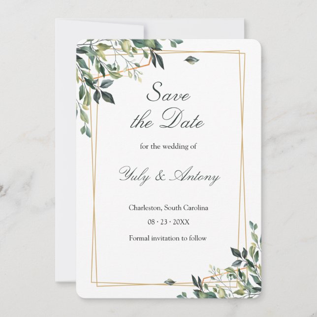 Modern minimalistischer grüner Eukalyptus Save The Date (Vorderseite)