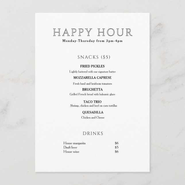 Modern minimalistischer Happy Hour Menükarte (Vorderseite)