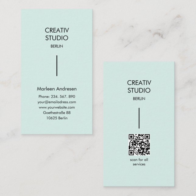 Modern minimalistischer Mint-schwarzer QR-Code Visitenkarte (Vorne/Hinten)