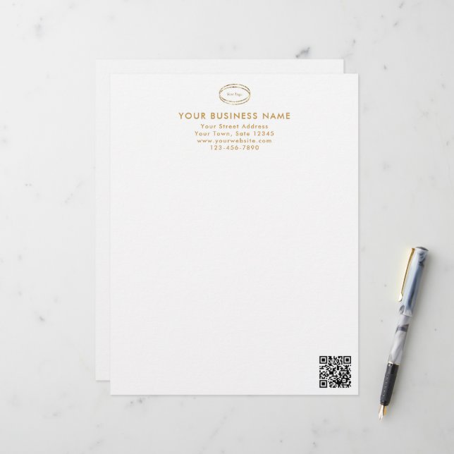 Modern minimalistisches goldbraunes QR-Code-Geschä Briefbogen (Vorderseite/Rückseite Beispiel)