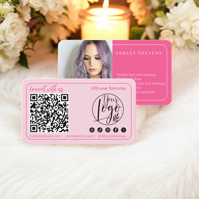 Modern Minimalistisches QR-Foto-Logo für soziale M Visitenkarte (Modern Minimalist Social Media QR Code Photo Logo Business Card pink)