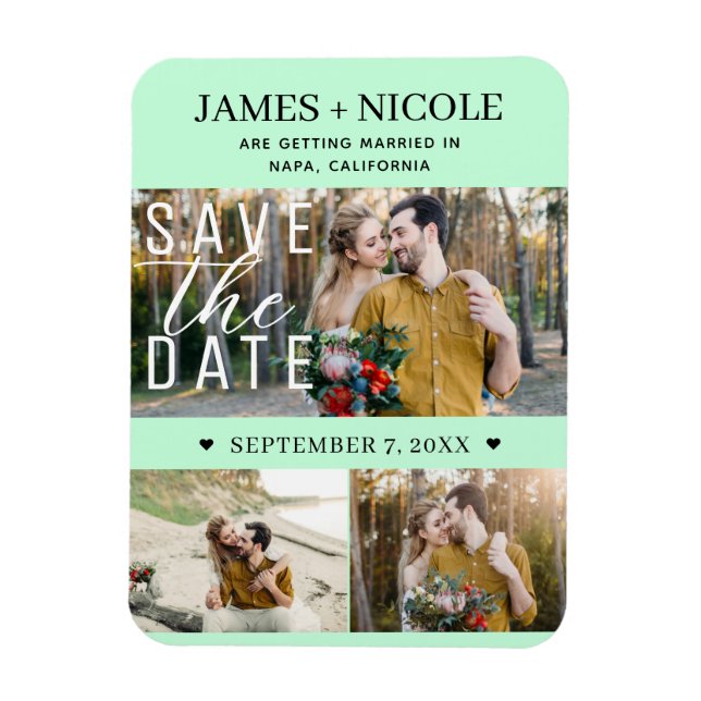 Modern Mint Green Save the Date Hochzeit 3 Fotos Magnet (Vertikal)