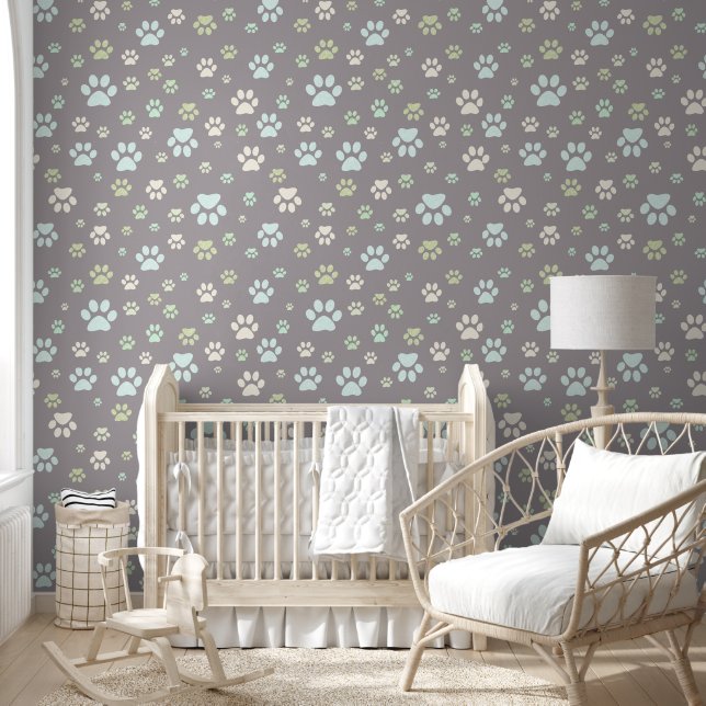 Modern Mint & Grey Paw Print Nursery  Tapete (Kinder)