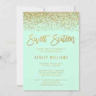 Modern Mint Imitate Gold Glitzer Sweet 16 Geburtst Einladung