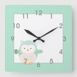 Modern Mint Owl Clock - nursery bedroom Quadratische Wanduhr