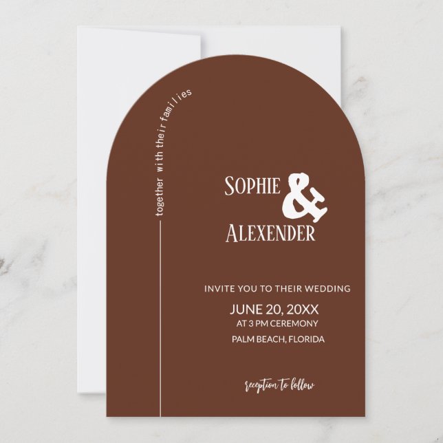 Modern Mocha Brown Arch Wedding Einladung (Vorderseite)