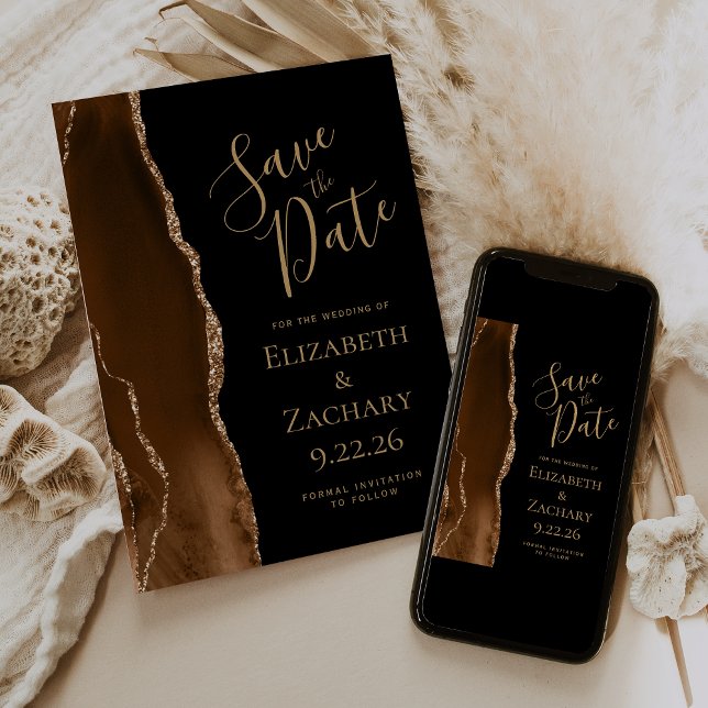 Modern Mocha Brown Gold Agate Black Save the Date (Von Creator hochgeladen)