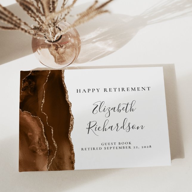Modern Mocha Brown Gold Agate Script Retirement Gästebuch (Von Creator hochgeladen)