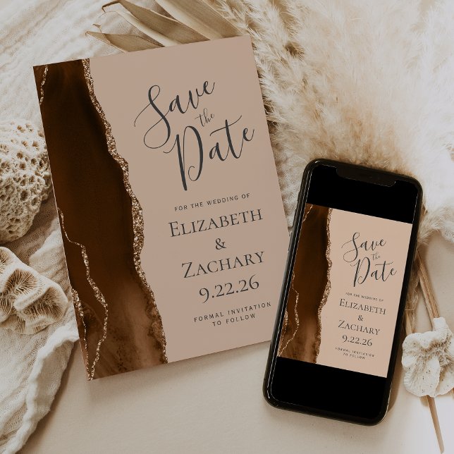 Modern Mocha Brown Gold Agate Tan Save the Date (Von Creator hochgeladen)