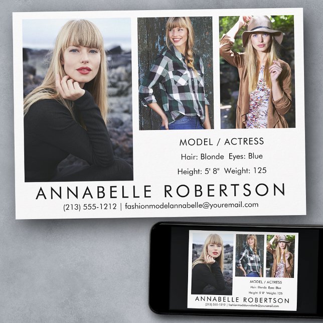 Modern Model Actor 3 Fotos Comp Card Einladung (Customize to change background color, text size, style or to add more photos to back of card.)