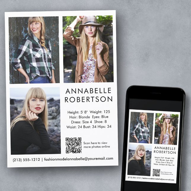 Modern Model Actor 3 Fotos QR Code Comp Card Einladung (Customize to change background color, text size, style or to add more photos to back of card.)