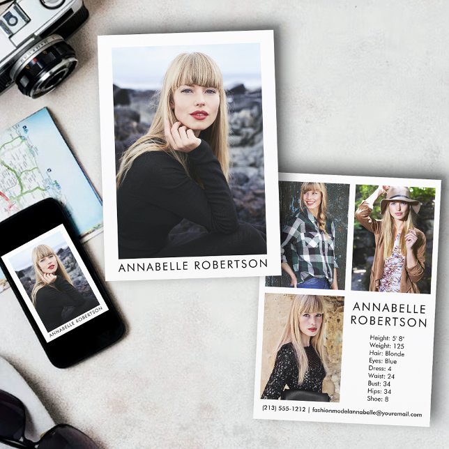 Modern Model Actor 4 Foto Comp Card Einladung (Customize to change background color, text size or text style. Available for prints and download.)