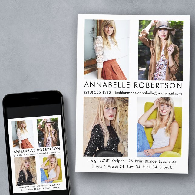 Modern Model Actor 4 Fotos Comp Card Einladung (Customize to change background color, text size, style or to add more photos to back of card.)