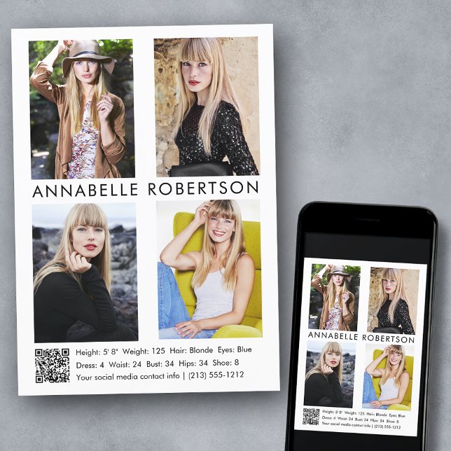 Modern Model Actor 4 Fotos QR Code Comp Card Einladung (Customize to change background color, text size, style or to add more photos to back of card.)