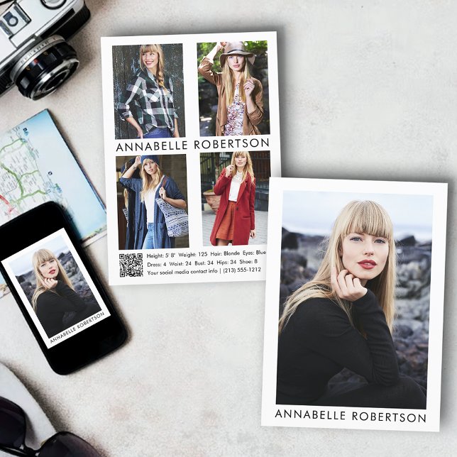 Modern Model Actor 5 Foto QR Code Comp Card Einladung (Customize to change background color, text size or text style. Available for prints and download.)