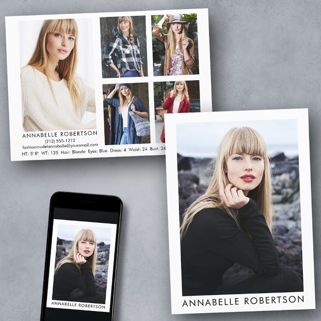 Modern Model Actor 6 Foto Comp Card Einladung (Customize to change background color, text size or text style. Available for prints and download.)