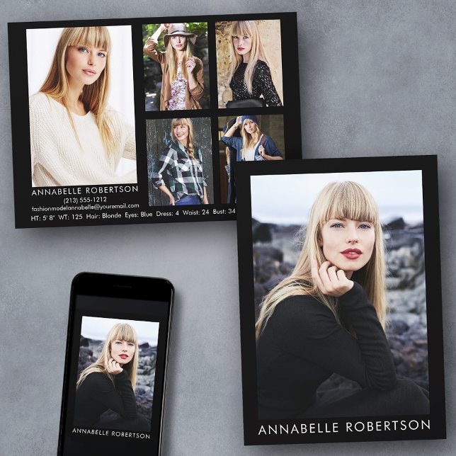 Modern Model Actor 6 Fotos Comp Card Einladung (Customize to change background color, text size or text style. Available for prints and download.)