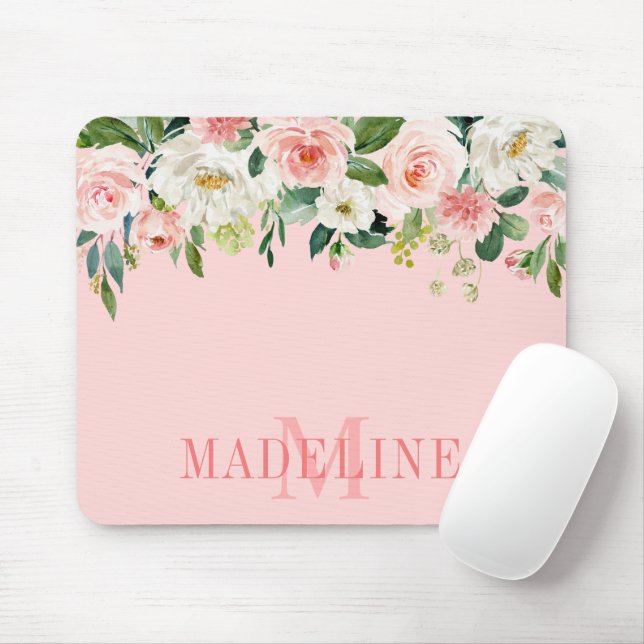Modern modische Aquarellfarben Pink Floral Monogra Mousepad (Mit Mouse)