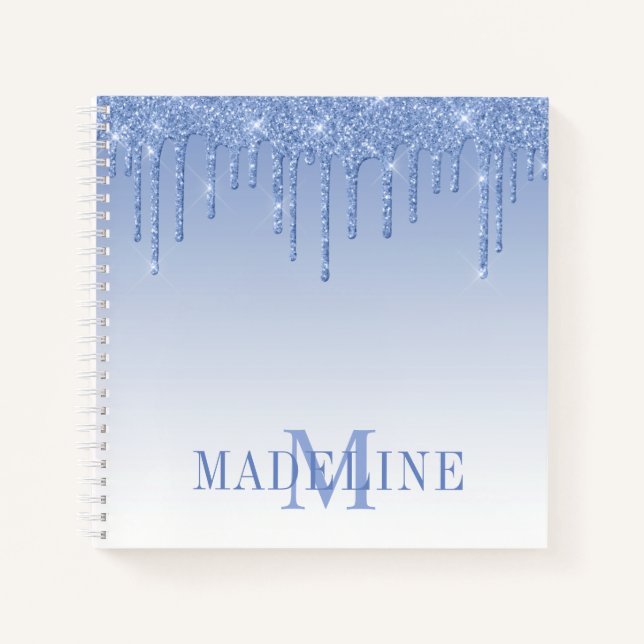Modern modische Dusty Blue Glitzer Monogram Notizbuch (Vorderseite)