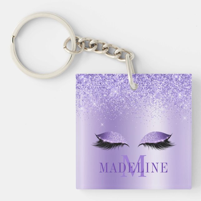 Modern modische Monogram Lila Glitzer Lashes Schlüsselanhänger (Vorderseite)