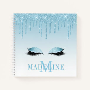 Modern modischer Blue Glitzer Lashes Monogram Notizbuch