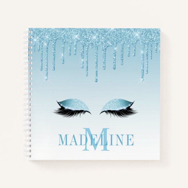 Modern modischer Blue Glitzer Lashes Monogram Notizbuch (Vorderseite)