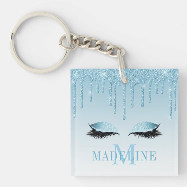 Modern modischer Blue Glitzer Lashes Monogram Schlüsselanhänger (Vorderseite)