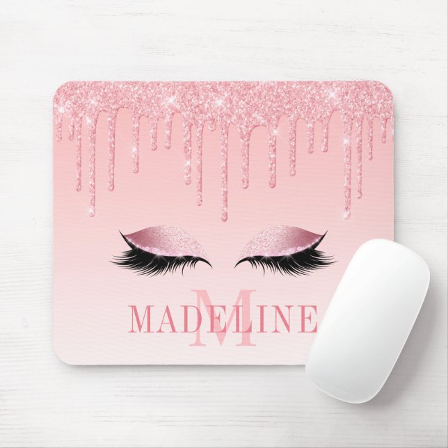 Modern modischer rosa Glitzer Lashes Monogram Mousepad (Mit Mouse)