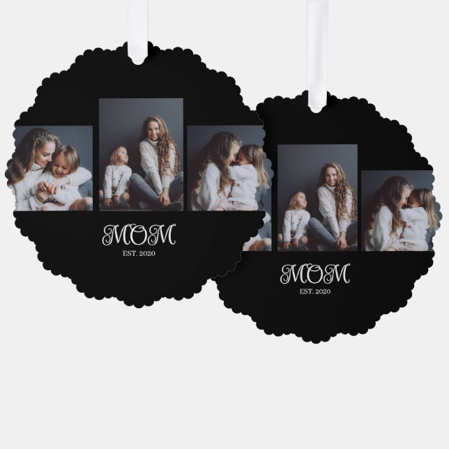 Modern Mom Established Script Black 3 Photo Ornament Karte (Vorderseite/Rückseite)