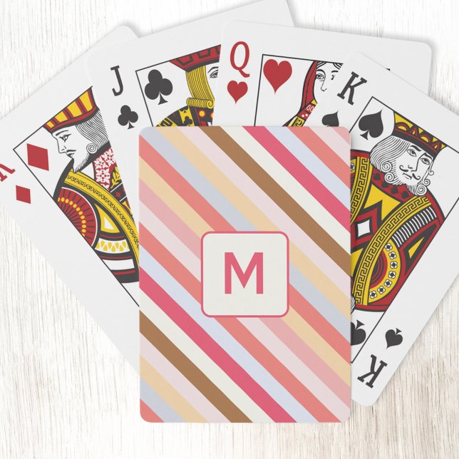 Modern Monogram, anfänglicher Diagonal Candy Strip Spielkarten (Modern muted diagonal candy stripe monogram initial personalized playing cards)