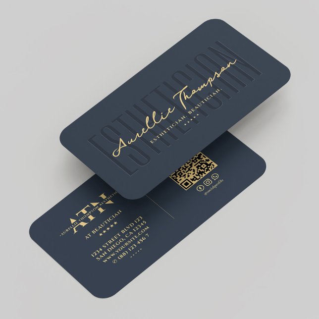 Modern Monogram Beautician Esthetician Blue Gold Visitenkarte (Modern Monogram Beautician Esthetician Blue Gold Business Card
)