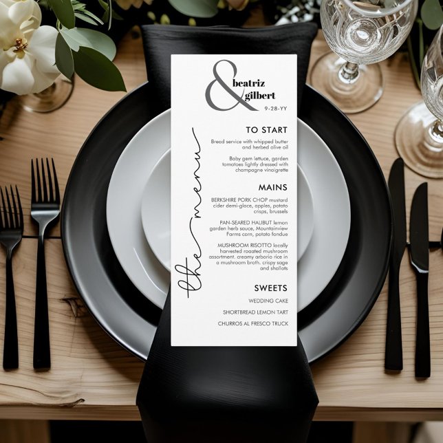 Modern Monogram Black and White Wedding Menu Card Menükarte (Elegant ampersand monogram wedding menu in with black and dark gray text on white. Reverse is black.)