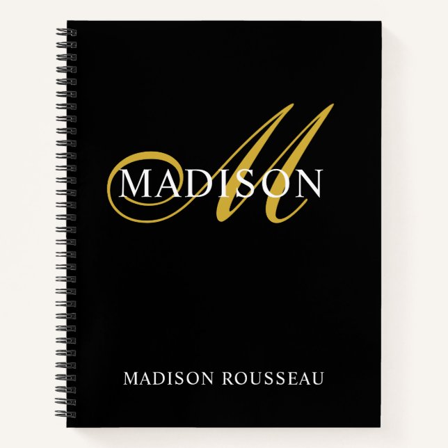 Modern Monogram Black Gold Blüh Script 3 Ring Notizbuch (Vorderseite)