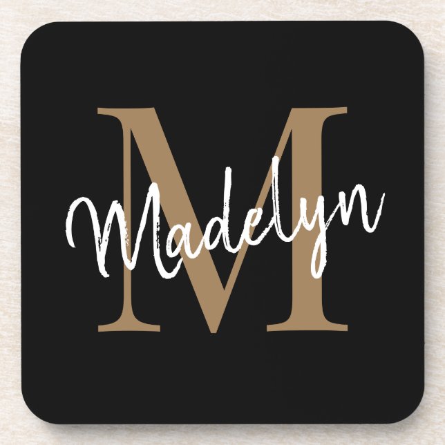 Modern Monogram Black Gold Feminine Script Name Getränkeuntersetzer (Vorderseite)