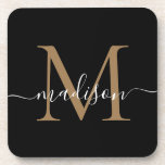 Modern Monogram Black Gold Feminine Script Name Getränkeuntersetzer<br><div class="desc">Moderne Monogram Black Gold Feminine Script Name Getränke Coaster</div>