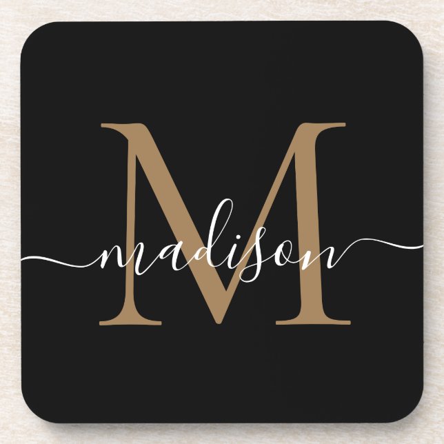 Modern Monogram Black Gold Feminine Script Name Getränkeuntersetzer (Vorderseite)