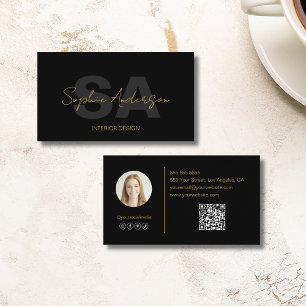 Modern Monogram Black Gold Foto QR Code Visitenkarte