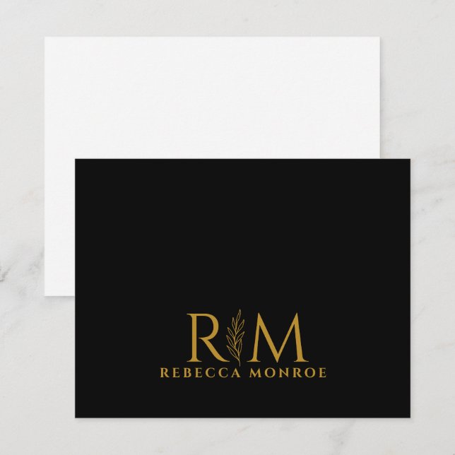 Modern Monogram Black Gold Name Mitteilungskarte (Vorne/Hinten)