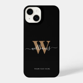 Modern Monogram Black Gold Script Initial Name iPhone 14 Hülle