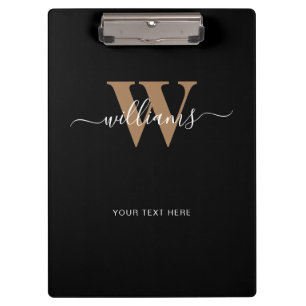 Modern Monogram Black Gold Script Initial Name Klemmbrett
